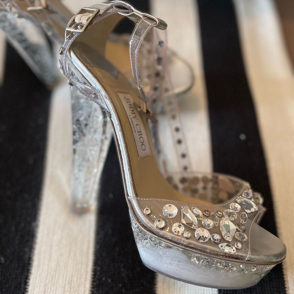 Jimmy Choo Silver Embellished Women's Lucite Platform Sandals Size 38.5